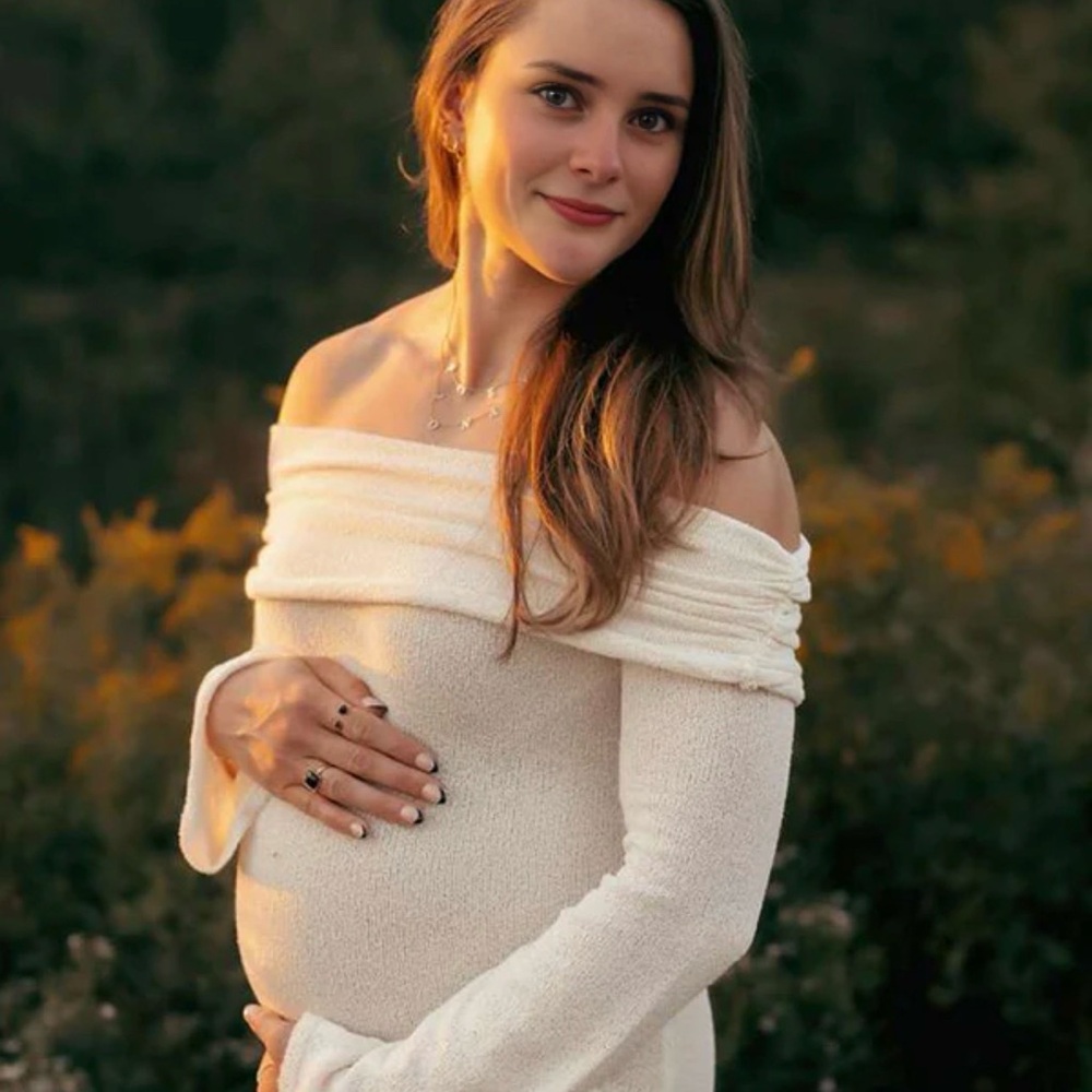 Elegant Off-Shoulder 3D Floral Sweater Maternity Dress